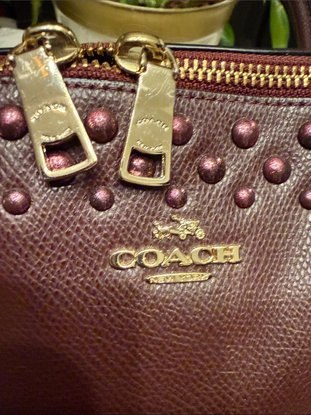 COACH Burgundy Studded Dome Satchel with Gold Hardware - Picture 3 of 13